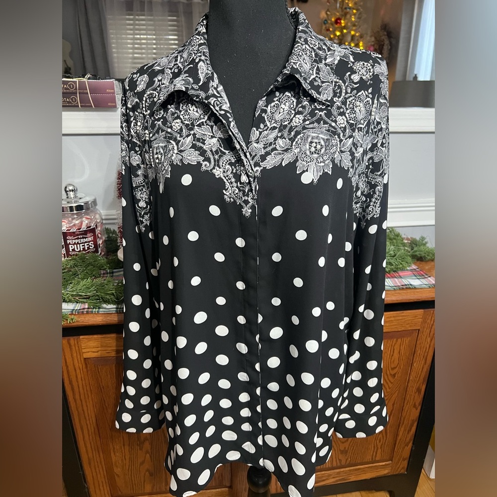 Chico's Black and White Floral Polka Dot Button Down Shirt